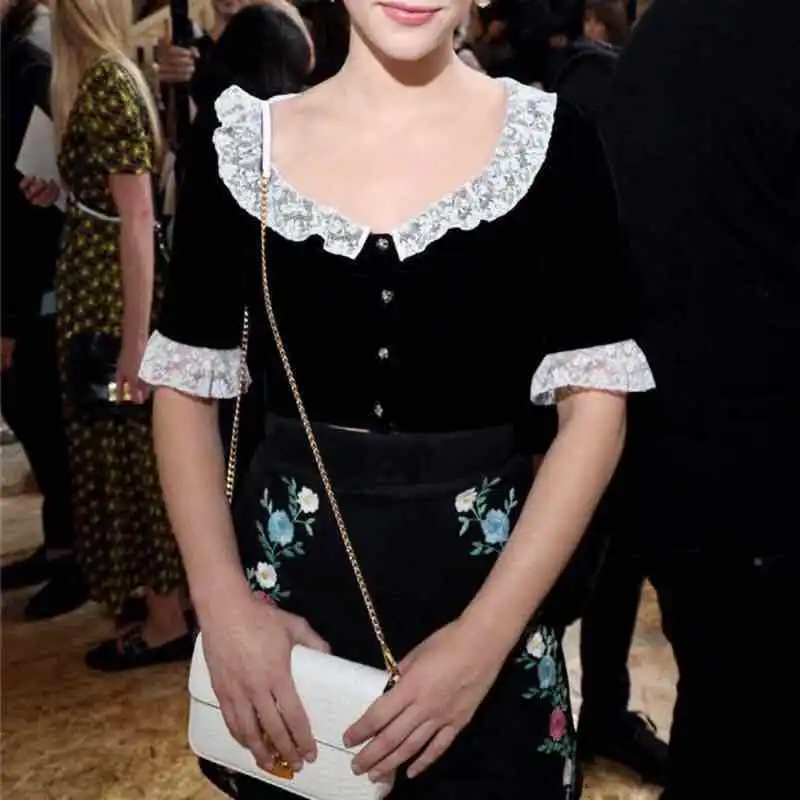 

Miumiu2020 Spring WOMEN'S Dress-Style Set Velvet Tops Versatile Embroidered High-waisted Skirt Two-Piece Set
