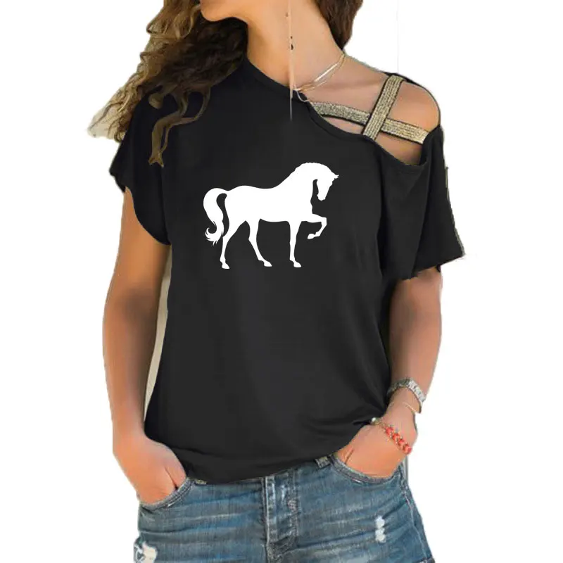 

2020 New Creative Animal Horse Print Teeshirt Women Short sleeve Summer Cool Clothes Loose Irregular Skew Cross Bandage Tops Tee
