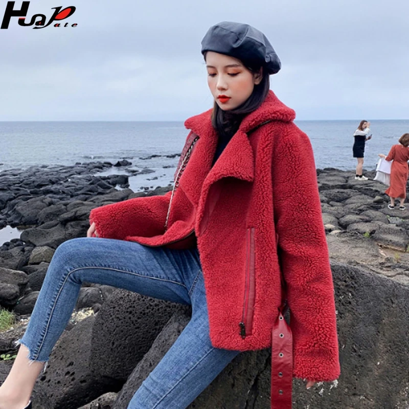 Корейская версия пальто из меха ягненка Новая модная женская Короткая Меховая Толстая флисовая мотоциклетная хлопковая куртка