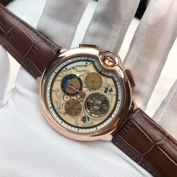 

Rose Gold brown strap luxury brand men Skeleton watch Glass open back 44mm stainless steel case 1:1 leather strap AAA quality