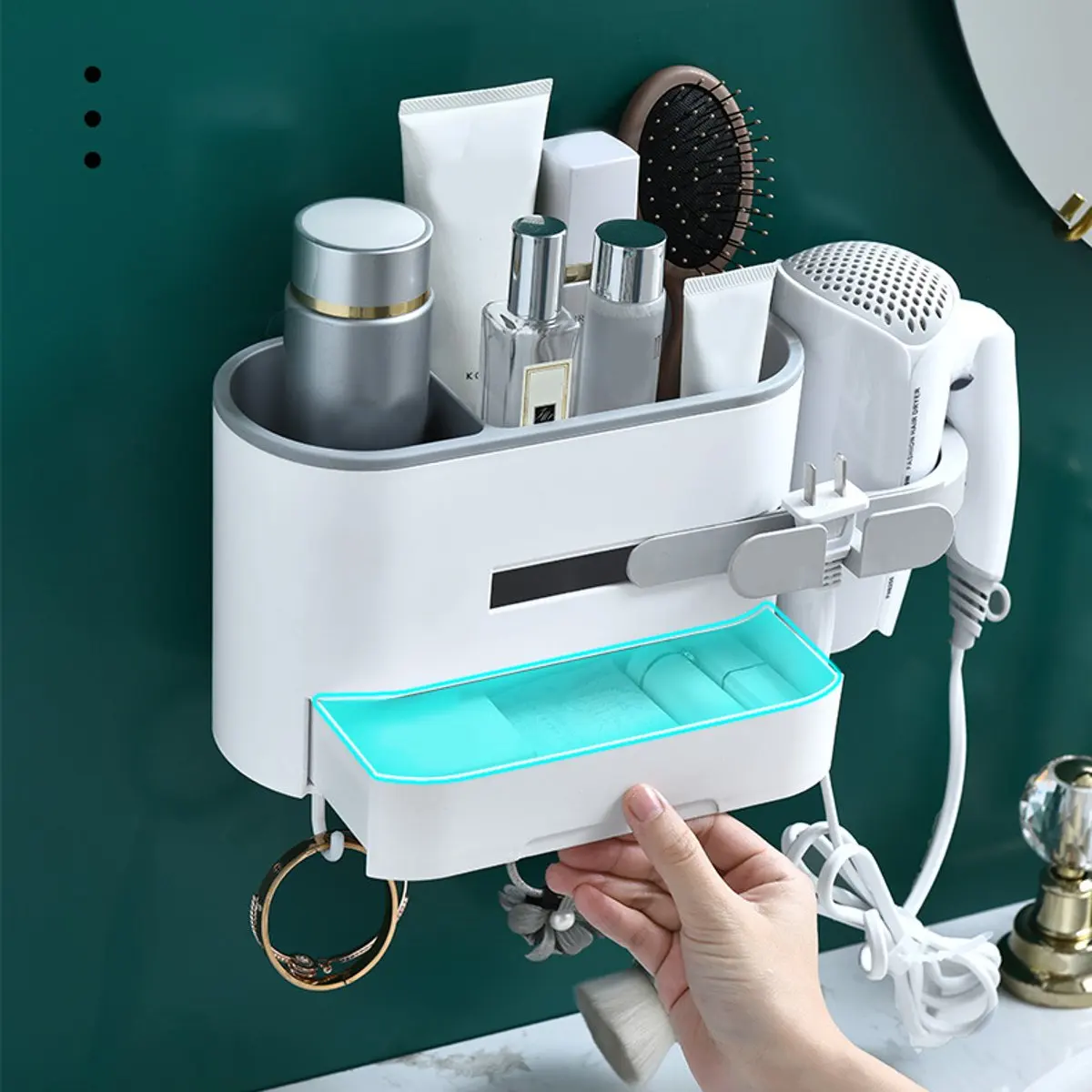 

3 Colors Bathroom Wall Mounted Hair Dryer Rack Wall Hanging Makeup Cosmetics Organizer Storage Drawer Rack Hair Dryer Holder