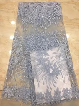 

2019 high quality French Nigerian sequins net lace,African tulle mesh sequence lace fabric for party dress 5yards/lot X08