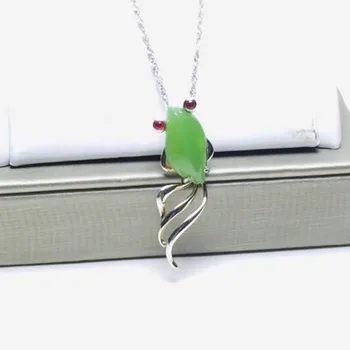 

925 Silver Jasper HeTian Green Jade Fish Shape Charming Lucky Pendant + Chain Necklace Fine Jewelry Certificate