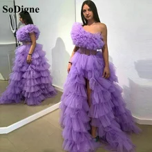 

SoDigne Ruffled Tulle Prom Dresses Long One Shoulder Split Tiered Purple Evening Dress Women Party Night Gowns Vestidos