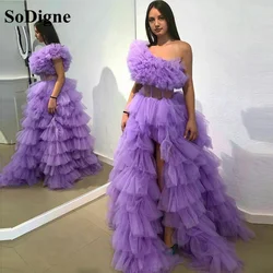 SoDigne Ruffled Tulle Prom Dresses Long One Shoulder Split Tiered Purple Evening Dress Women Party Night Gowns Vestidos