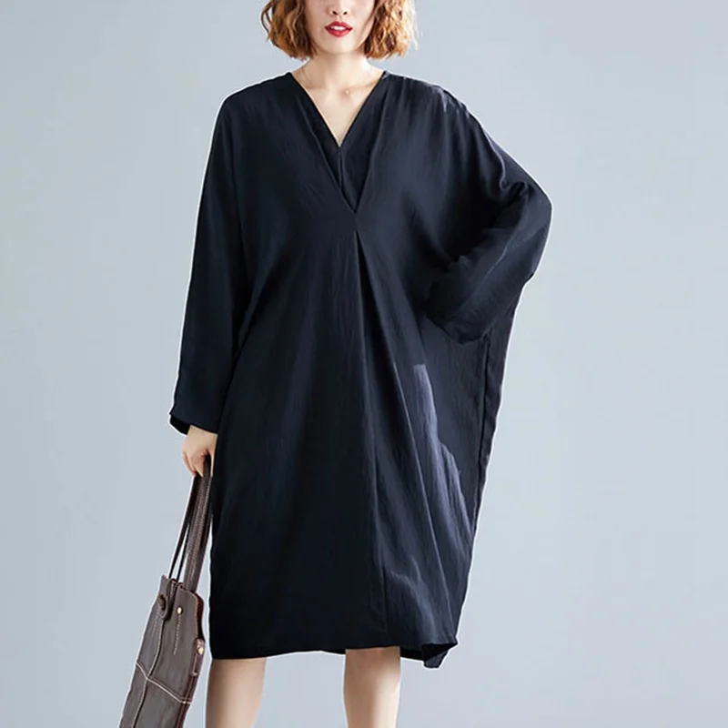 

Mferlier Chic Women Autumn Dress V Neck Long Batwing Sleeve Solid White Blue Black Loose Slim Large Size 10XL Ladies Dresses