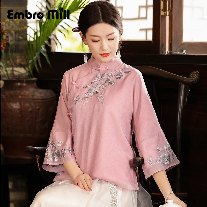 Blusa de estilo chino con de disco para mujer, ropa corta con bordado Retro, de S XXL|chaquetas - AliExpress