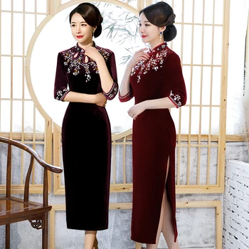 

Shanghai Story New Sale Half Sleeve Velvet Qipao Dress Beaded Long Cheongsam Oriental dress