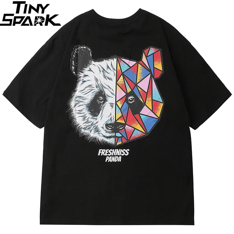

2019 Men Hip Hop T Shirt Panda Colorful Geometry Face Harajuku T-Shirt Streetwear Summer Tops Tees Cotton Tshirt Black White
