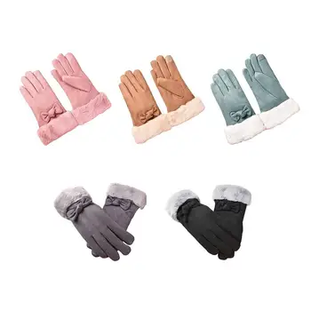 

Gloves Female Autumn And Winter Warm Gloves Thick Velvet Touch Screen Bike Gloves Suede Cute Bow Gloves
