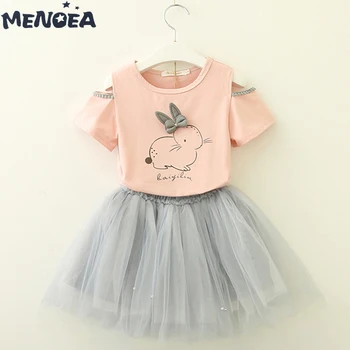 

Menoea Children's Sets Summer New Girls Clothes Cartoon Rabbit Hollow Short Sleeve T-Shirt+Mesh Skirt 2Pcs Children Clothes