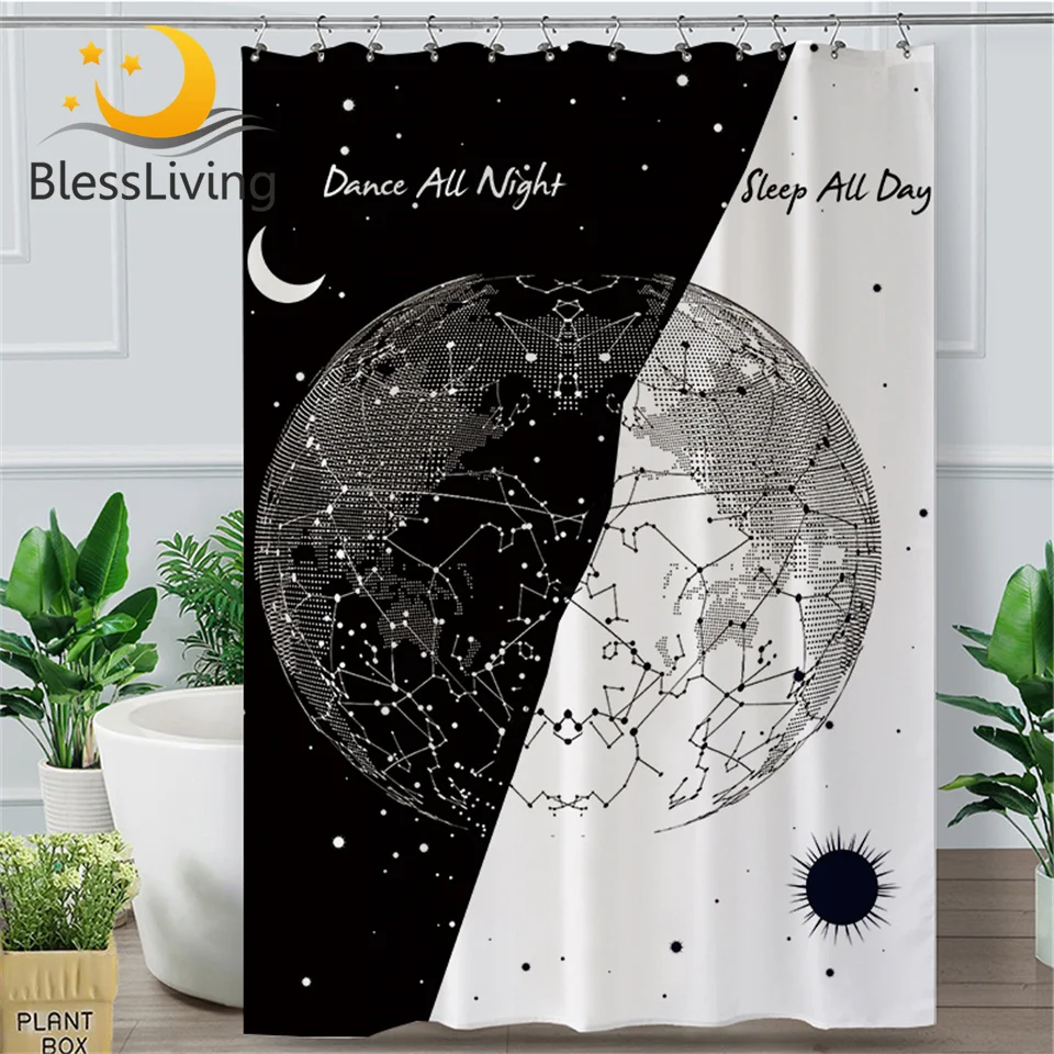 

BlessLiving Earth Bulb Shower Curtain Black White Stylish Bath Curtain Constellation Sun and Moon Waterproof rideau de douche