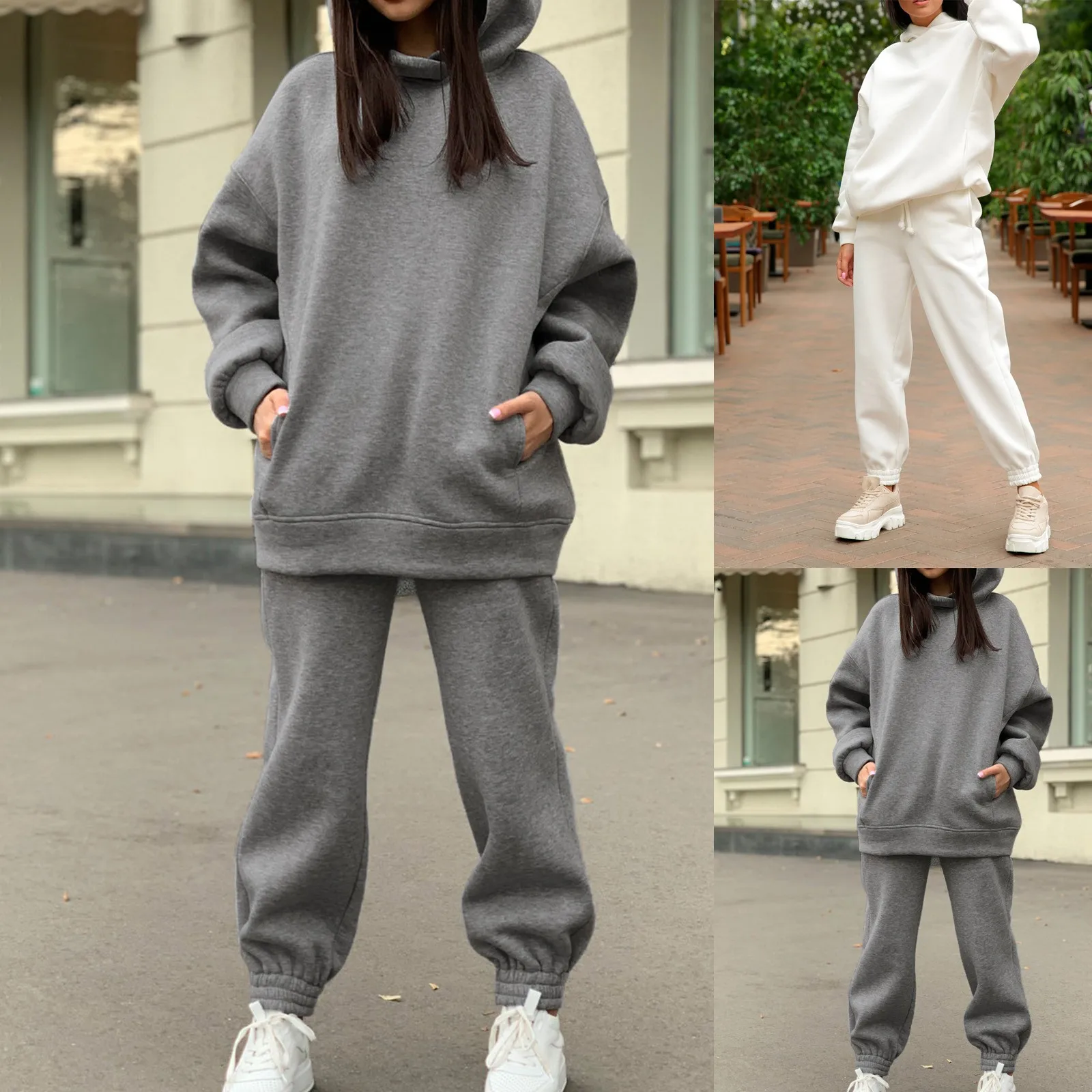 2021 Autumn Winter Women's Tracksuit Sports Hooded Sweatshirt Suits Solid Fashion Casual Long Sleeve Tops + Pocket Sweatpants 1