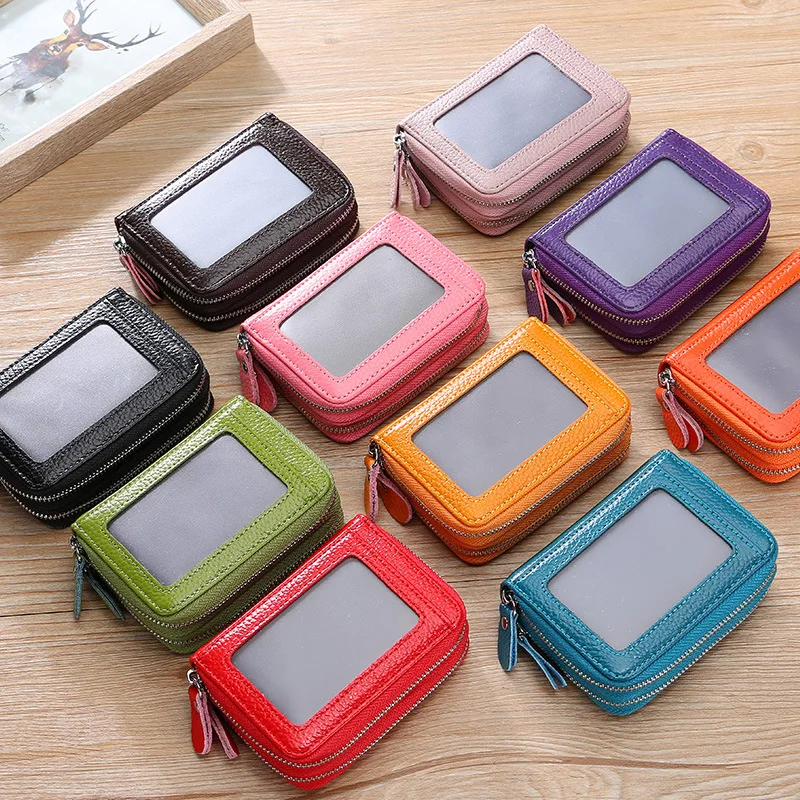 

Double Zipper Transparent Window Card Bit More Genuine Leather Organ Wallet Cowhide Bus Card Multi-Purpose Purse