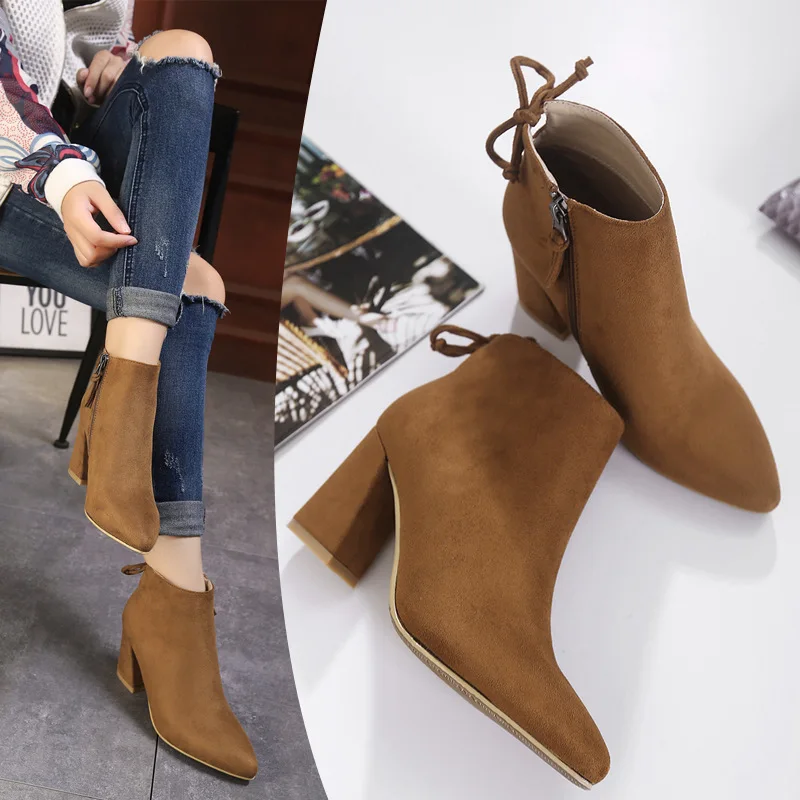 

2019 New Style plus Velvet Short Boots Women's Chunky Heel Pointed Shoes Ankle Boots High-heeled Boots with Short Tube Elegant D