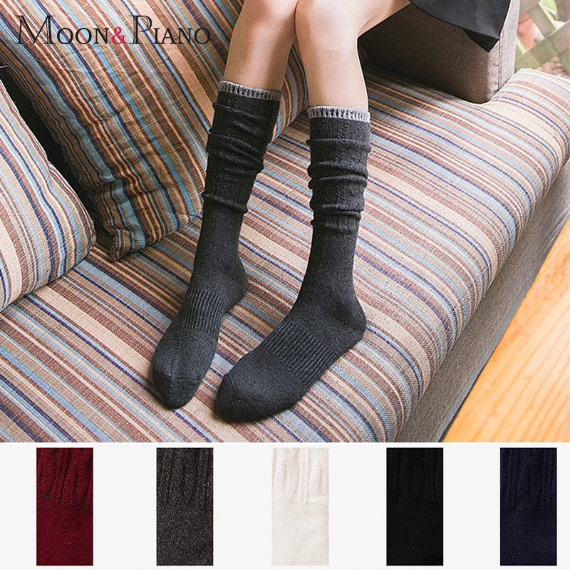 

Women Below Knee Stocking Knitting Warm Mid cotton Girl sports stockings one size Solid color For Female Ladies Autumn Winter