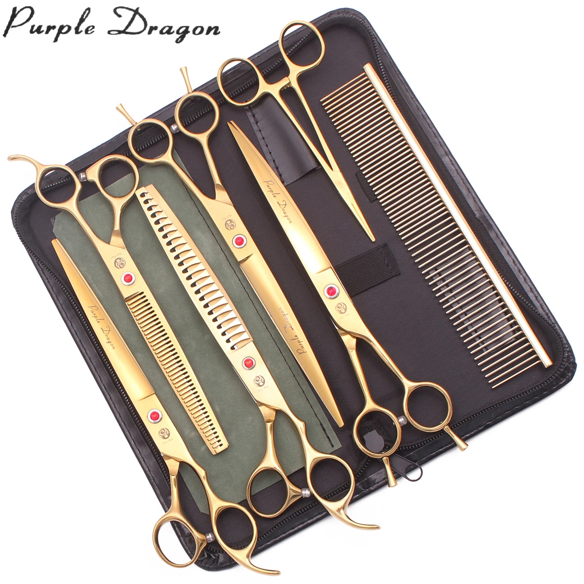 Dog Grooming Kit Professional 8" Purple Dragon Japan Steel Pet Thinning Shears Chunker Scissors Add Case Curved Scissors Z3015