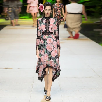 

European Runway Designers Women Dress 2020 Spring Vintage Long Sleeve Printed Irregular Patchwork Lace Chiffon Dress