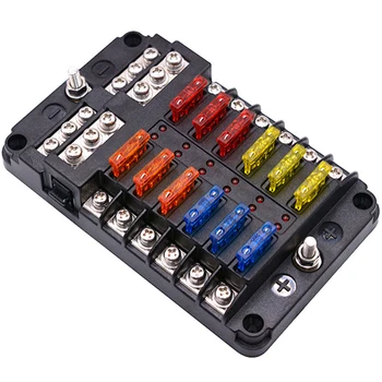 

12 Way Fuse Box Holder Plastic Cover Blade Block With LED Warning Indicator Light For Auto Car Boat Yacht Marine Trike