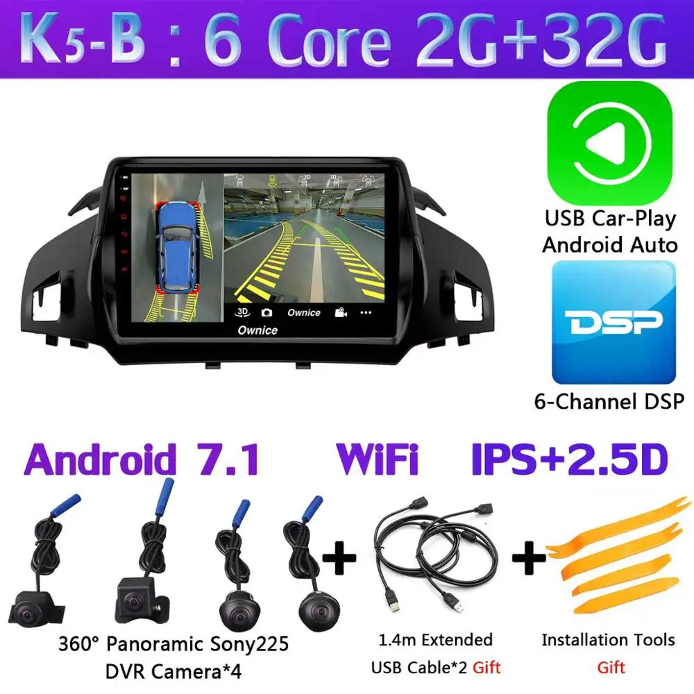 Панорамная камера 360 ° 4G SIM WiFi Android 9,0 4G+ 64G SPDIF DSP CarPlay Автомобильный плеер для Ford Kuga 2013- C-Max gps радио - Цвет: K5-B-CarPlay