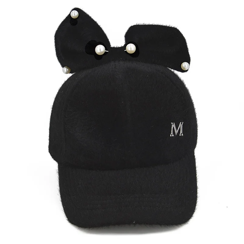 style 1 black Зимняя теплая детская шапка с бантиками, милая детская однотонная шляпа с жемчужинами для мальчиков и девочек, детская бейсболка, шапка для малышей - Цвет: style 1 black