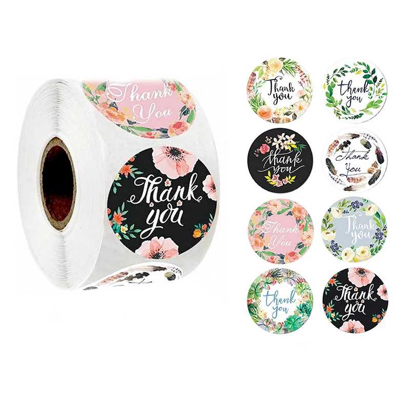 1 Roll(500Pcs) Flowers Thank You Sticker Paper Labels Round Reward scrapbooking Stickers Envelope Seals Stickers Stationery 