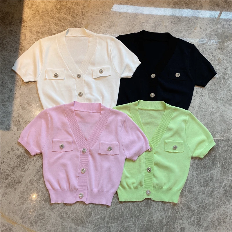 

All-match Slim Fit Sweet Candy-Colored Diamond Buckle Knitted Short Sleeved Cardigan Top Coat Ladies Thin Knit Shirt Ropa Mujer