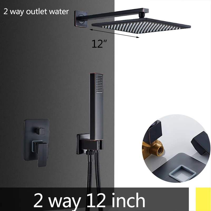 2 way 12 inch Скрытый черный Ванная комната душевой кран латунный 2-полосным смесительный клапан смесители для душа с ручным душем 8/10/12/1" дождевая Насадки для душа - Цвет: 2 way 12 inch