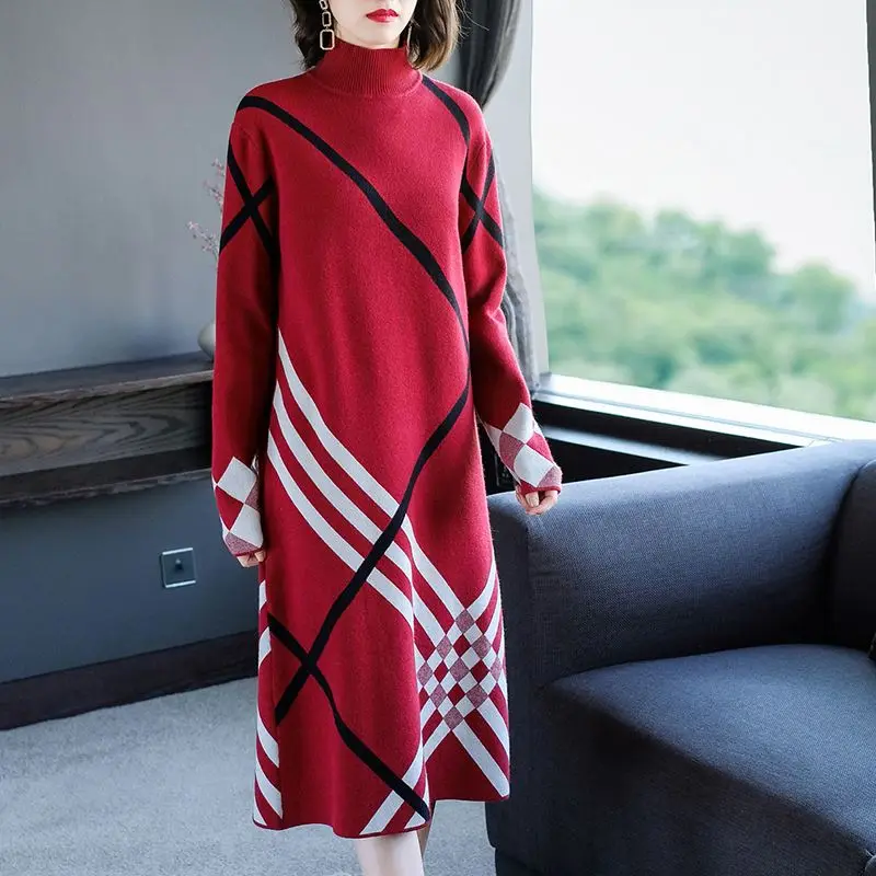 Модное платье-свитер с перекрестными полосками на осень и зиму, Элегантные вязаные платья с высоким воротом, теплые женские вечерние офисные платья - Цвет: Красный