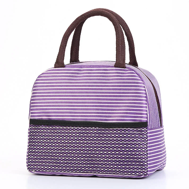 Изолированные термальные сумки для обедов для женщин, детей, мужчин, портативные Ланч-боксы, сумка для еды, холщовая полосатая Сумка для пикника, чехол для переноски, Tote Bolso - Цвет: Purple