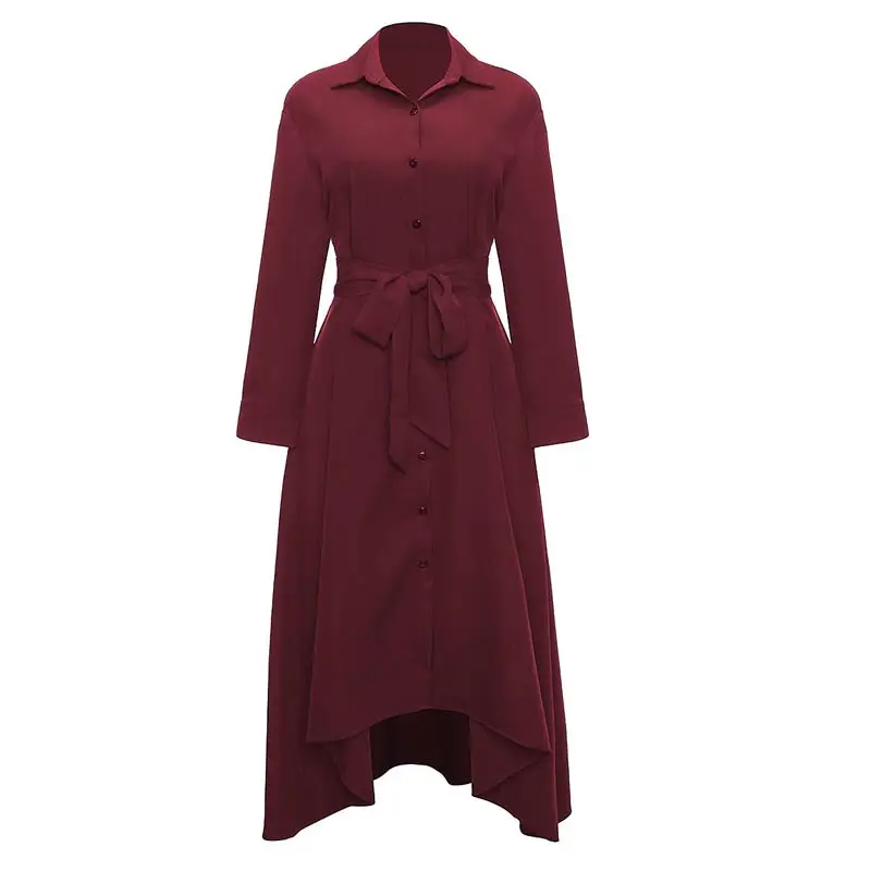 Wine Red OTEN модное платье-рубашка Женская рабочая одежда офисная необычная длина до лодыжки сплошной цвет кардиган на пуговицах Повседневный Новинка Осень v-образный вырез - Цвет: Wine Red
