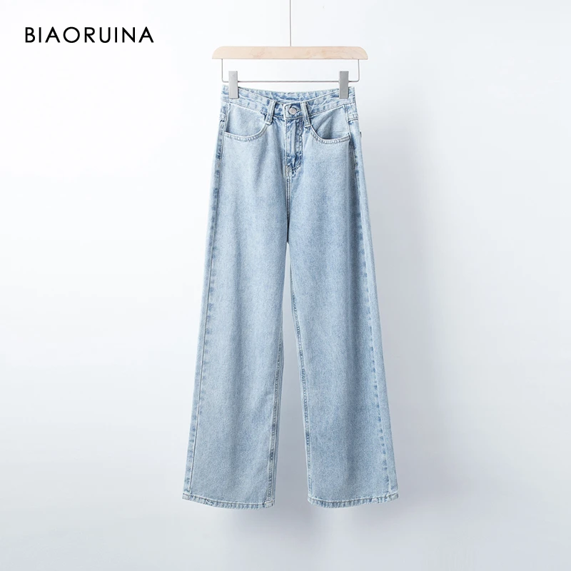 BIAORUINA, Женский светильник, синие, потертые, модные джинсы, женские, свободные, широкие, высокая талия, отбеленные джинсы, повседневные джинсы, осень