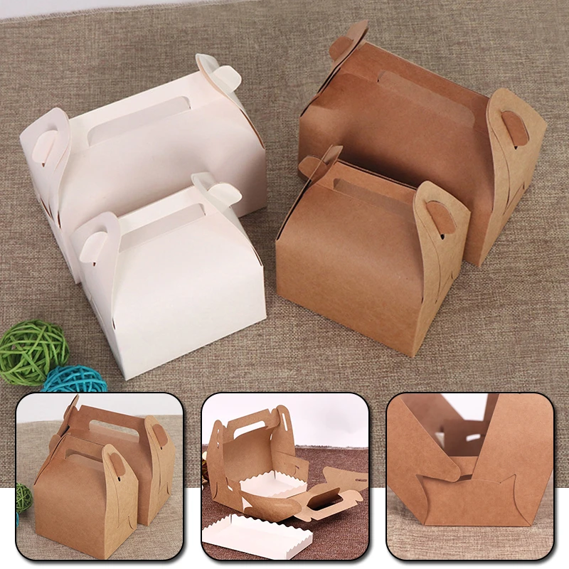 10pcs Kraft Paper Cake Folding Boxes with Handle Brown Cupcake Box Christmas Paper Cardboard