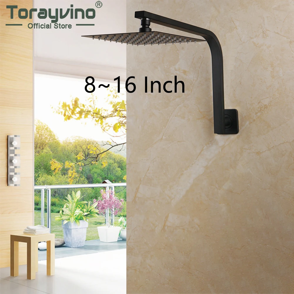 Torayvino Bathroom Shower Faucet Matte Black LED Square Rainfall Ultrathin Shower Hean With Shower Arm Wall Mounted Bathtub Tap