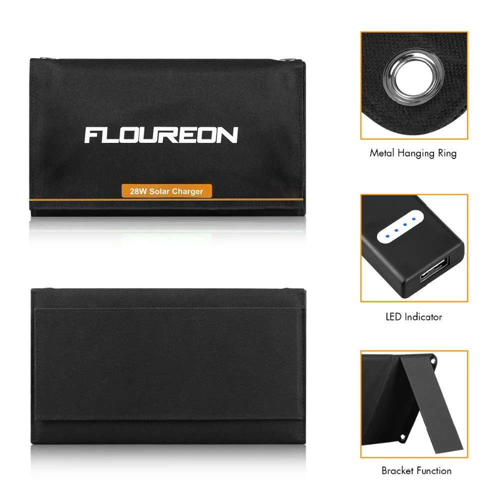 FLOUREON Portable 28W Foldable Solar Panel Charger Waterproof Mobile Power Bank for Smartphone Tablet travel with Triple USB (1)