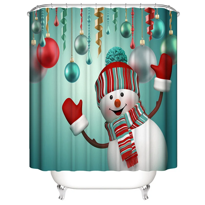 Merry Christmas Shower Curtain Bathroom Set Snowman Bell Pattern Waterproof Xmas Toilet New Year Mat Non Slip Rug U-shaped Pad