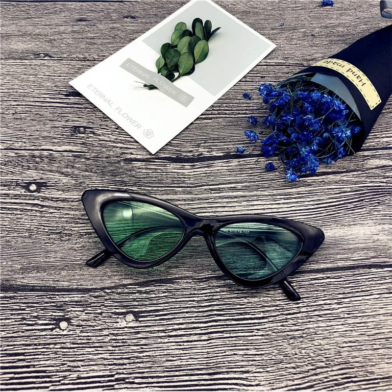 Black Green Сексуальные солнцезащитные очки "кошачий глаз" для женщин, фирменный дизайн, зеркальные, черные, треугольные, солнцезащитные очки, женские линзы, оттенки для женщин, очки UV400 - Цвет линз: Black Green