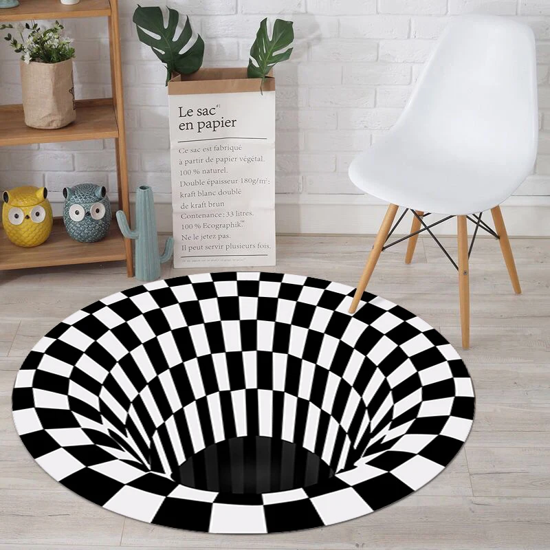 Round Black and white Grid stereo vision carpet living room coffee table sofa blanket 3D Vortex swirl illusion |