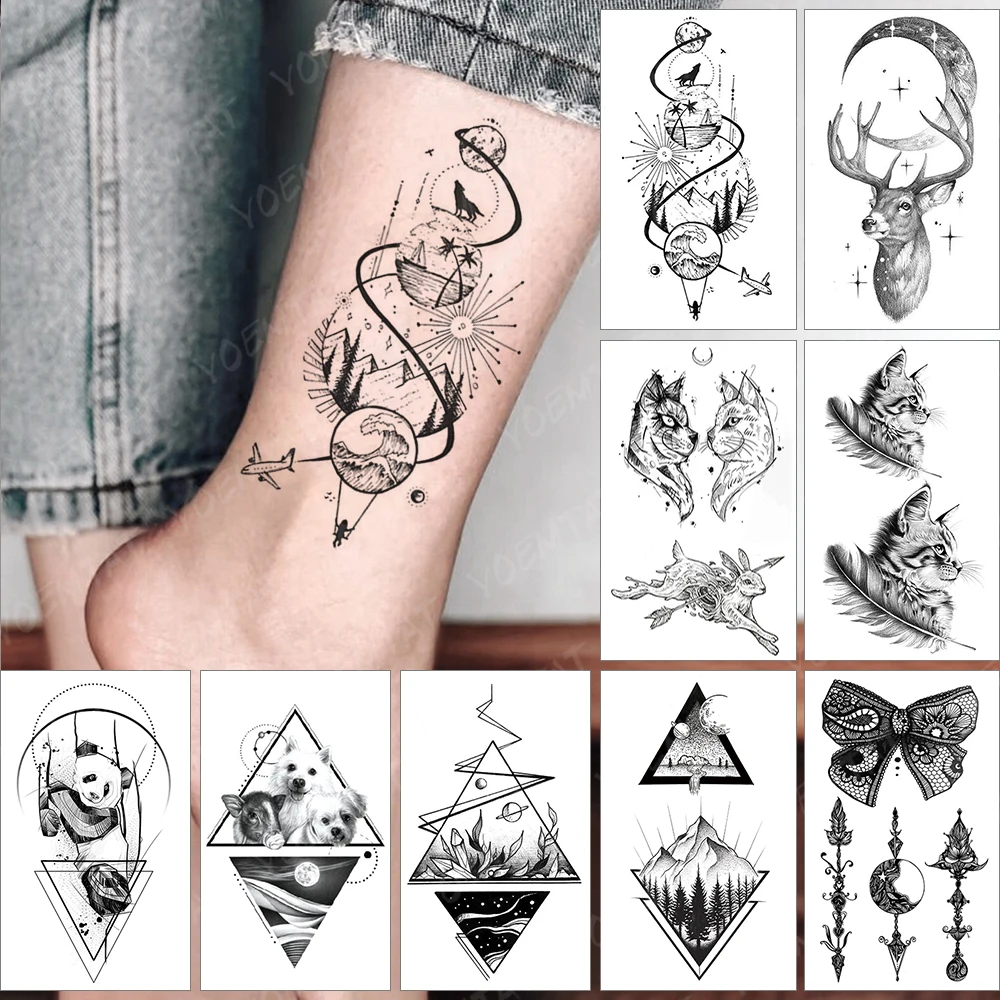 Waterproof Temporary Tattoo Stickers Wolf Cat Deer Panda Moon Mountain Flash Tatto Arm Wrist Fake Tattoos Body Art Women Men Kids,tattoo sticker,temporary tattoos