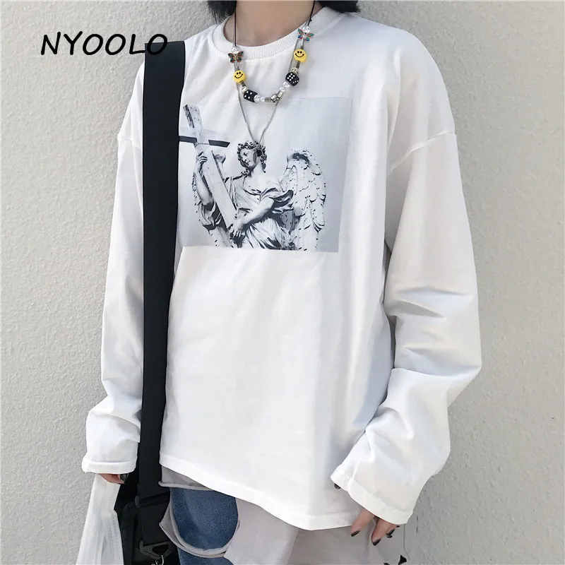 NYOOLO Harajuku стиль Готическая статуя ангела футболка с принтом Осенняя уличная свободная футболка с длинными рукавами женская мужская одежда Топ - Цвет: Белый