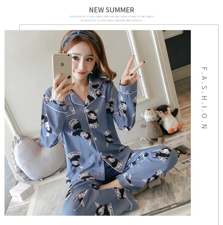 Take the Amount of Hot Selling Spring New Style Pajamas Women Long Sleeve Trousers Cardigan Korean-style Homewear Set Cardigan 2