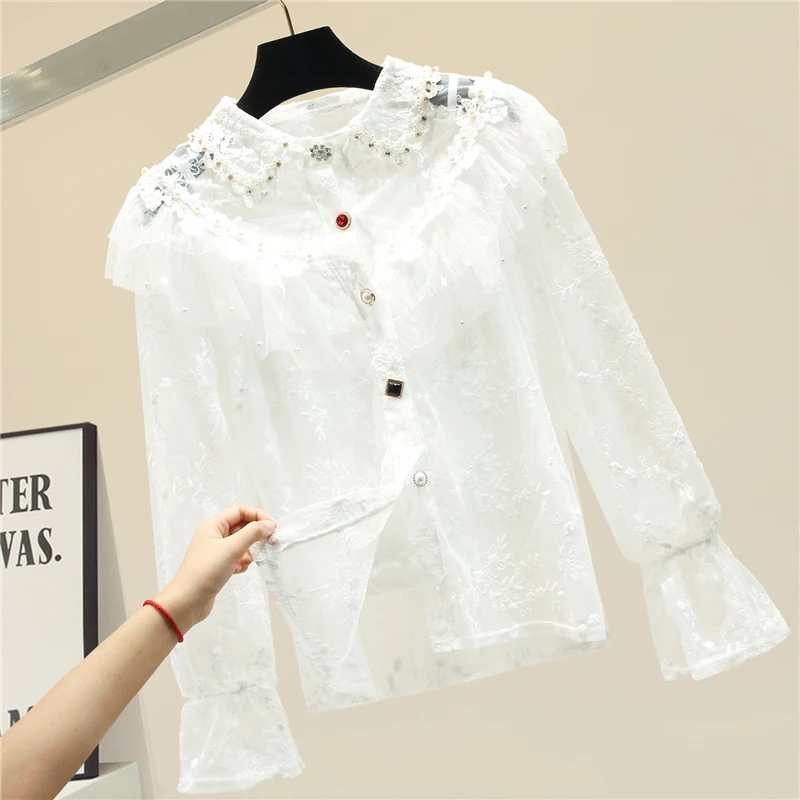 

Lace Shirt White Shirt Women's 2020 Spring Autumn Loose-Fit Super Fairy Temperament Lace Blouse Blouses Girls Ladies Blusas Tops