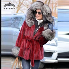 Весенняя мода Полный Пелт норковая шуба винно-красная норковая куртка для женщин теплая Капюшон из меха серебристой лисы и манжеты из натурального меха MKW-219