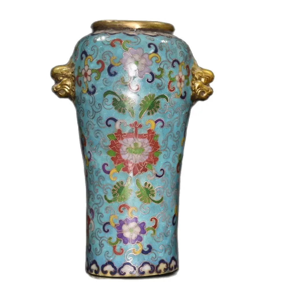 

Height 22.5CM!!! Collection 1 Pair Old Brass Blue Cloisonne Handmade Vase,Chinese Old Antique Vase