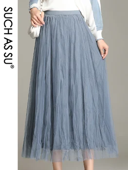 

New Korean Fashion Mesh Polyester Skirt Women Black Blue White High Waist Mid Long Pleated Skirt Elastic Waist Summer Skirts