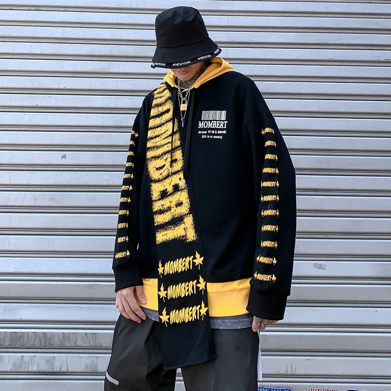 Мужская толстовка с капюшоном Harajuku Асимметричный патч хип хоп Уличная Толстовка хлопок Повседневный свитшот-худи мужской 2164