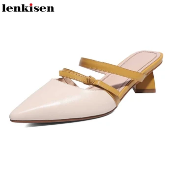 

Lenkisen new high quality handmade full grain leather med strenge heels square toe slip on mules office lady summer slipper L66