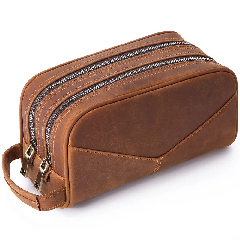 

New first layer leather multi-functional makeup wash bag Men's leather fashion casual double-layer clutch