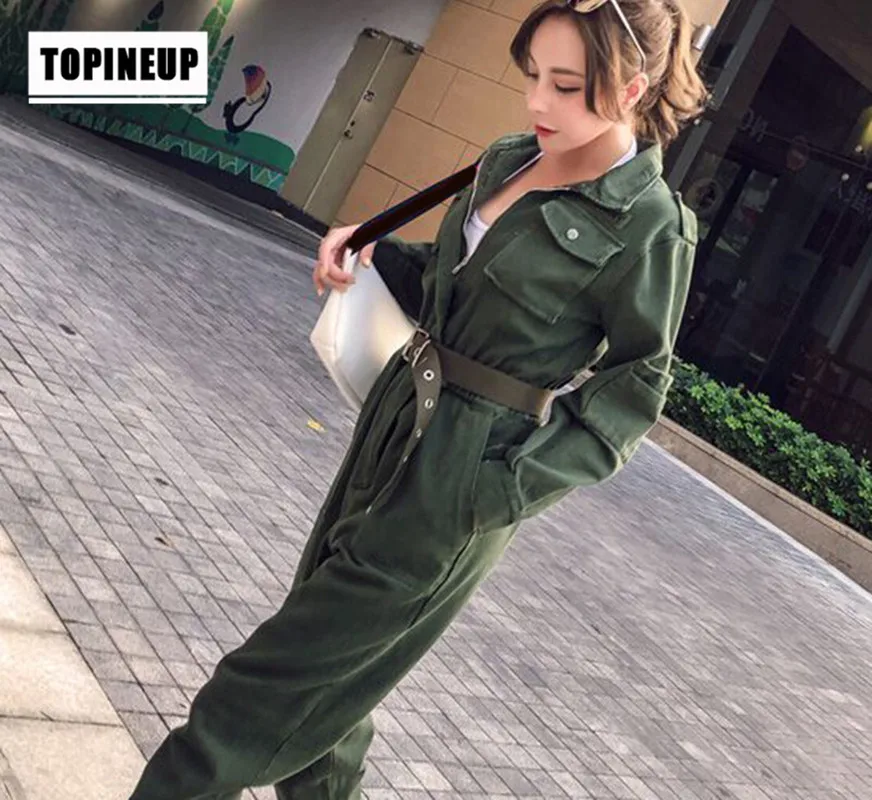 Сексуальный женский стиль сафари с длинным рукавом рабочая одежда комбинезоны с завышенной талией Элегантный женский армейский зеленый комбинезон с поясом