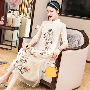 

Organza splice qipao style dress 2020 spring new Mid-length Three Quarter sleeve High-end women blue Retro embroidered dresses